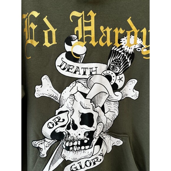 Ed Hardy Death Or Glory Skull Graphic Hoodie Sweater Mens Size XL NWT NEW Olive - Picture 2 of 11
